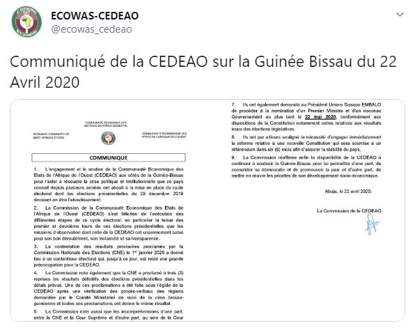 Capture d'écran du communiqué de la CEDEAO sur le compte Twitter de l'Organisation. 