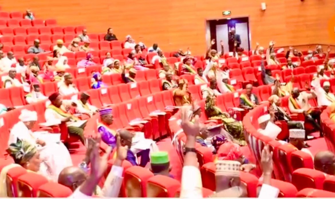 Les députés expriment leur soutien unanime à la loi de finances 2024 avec des mains levées, arborant fièrement le drapeau du Mali en bandoulière.