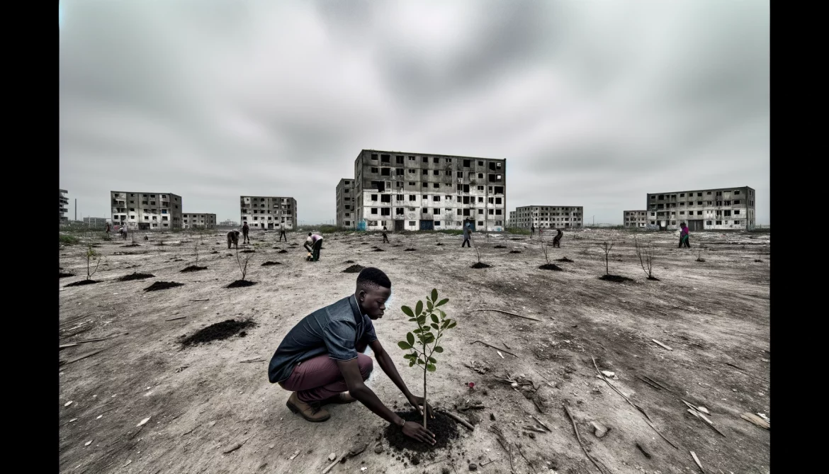 Éloi, un jeune homme noir, plantant un arbre dans un environnement stérile, avec des bâtiments délabrés en arrière-plan et des silhouettes de personnes observant l'action avec espoir.