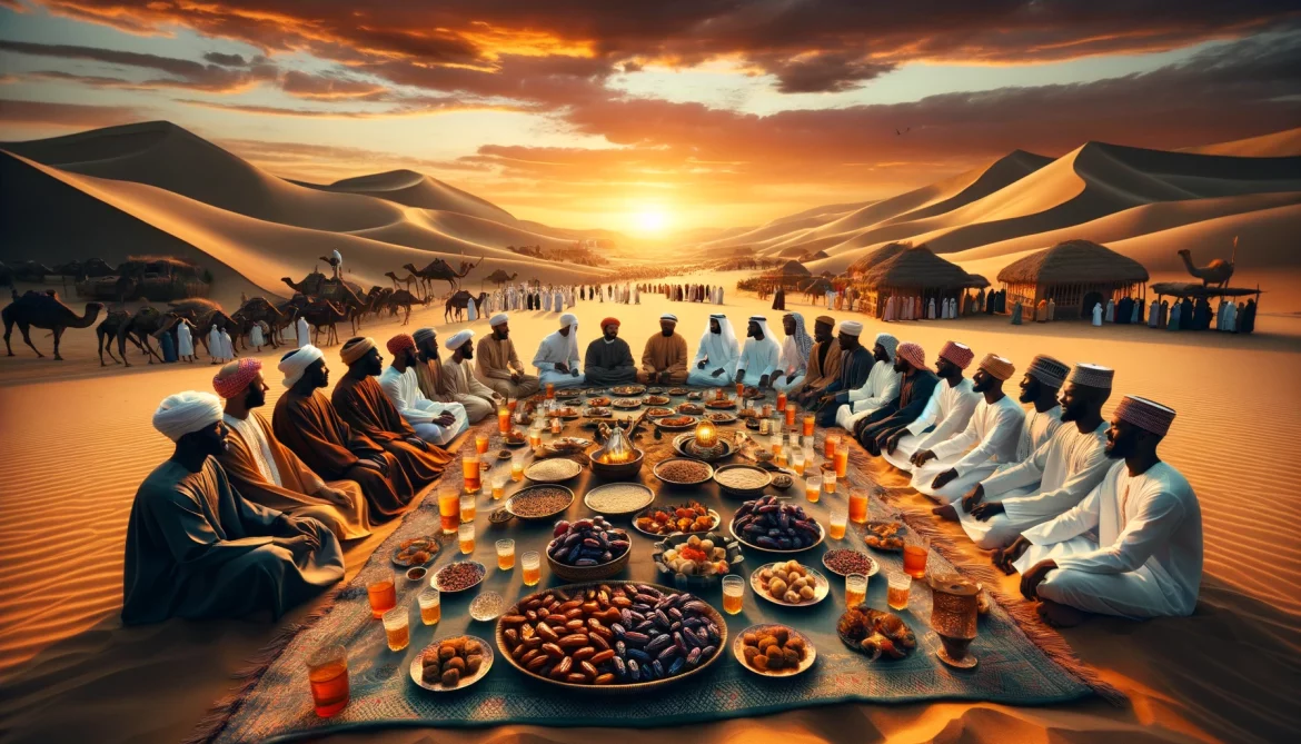 Capturing a serene and communal iftar scene in Azuria, a fictional setting, during sunset with a landscape orientation. The scene is set outdoors, und Un groupe d'africains réunis pour le repas de l'Iftar.