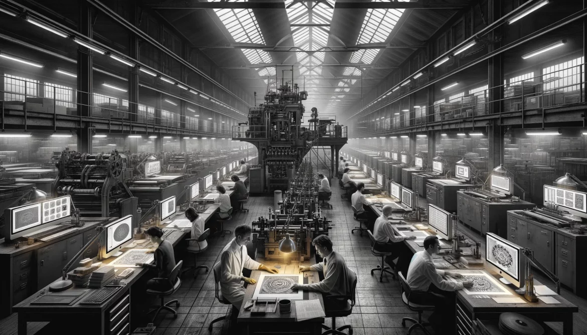 Dans un grand atelier industriel éclairé, on observe le processus de création de nouvelles pièces de monnaie, de la conception à la frappe. À gauche