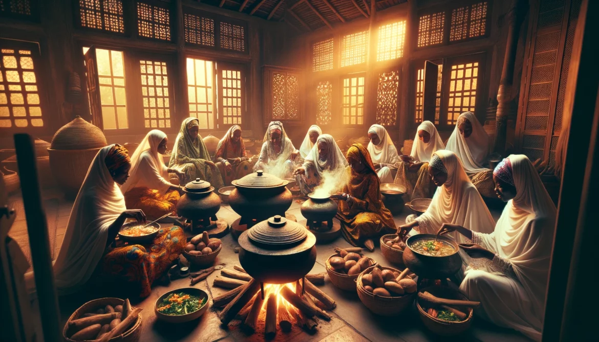 Des femmes africaines de différentes générations préparant ensemble des repas traditionnels dans une cuisine authentiquement africaine. Cette scène capture l'essence de la convivialité et de l'ambiance chaleureuse typique du mois de Ramadan, avec des marmites traditionnelles posées sur des bois de chauffe et une lumière douce qui enveloppe l'espace, reflétant la richesse de la culture africaine.