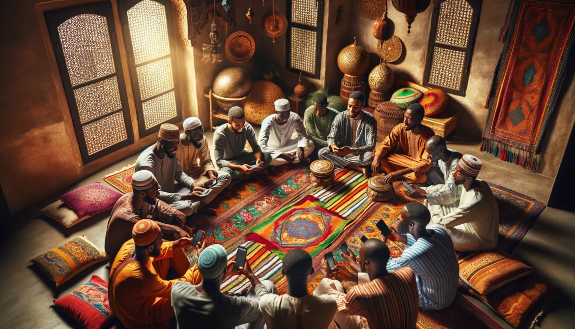 Une image vibrante et chaleureuse montrant un groupe d'Africains, hommes et femmes, rassemblés ensemble en cercle, utilisant leurs appareils mobiles.