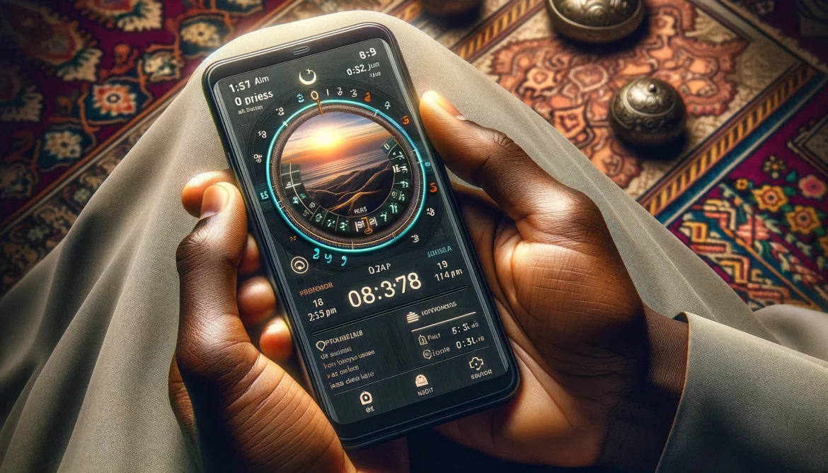 Une main tenant un smartphone. Sur l'écran du smartphone, une application de prière est visible.