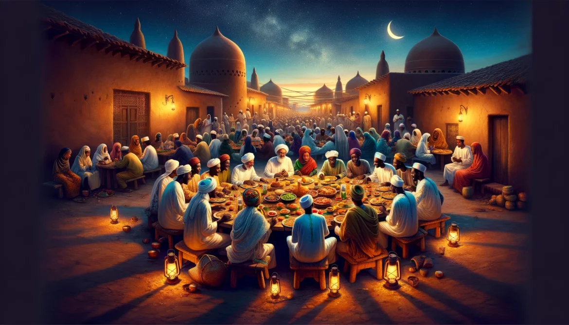 Une scène paisible et harmonieuse illustrant l'esprit du Ramadan au Mali.