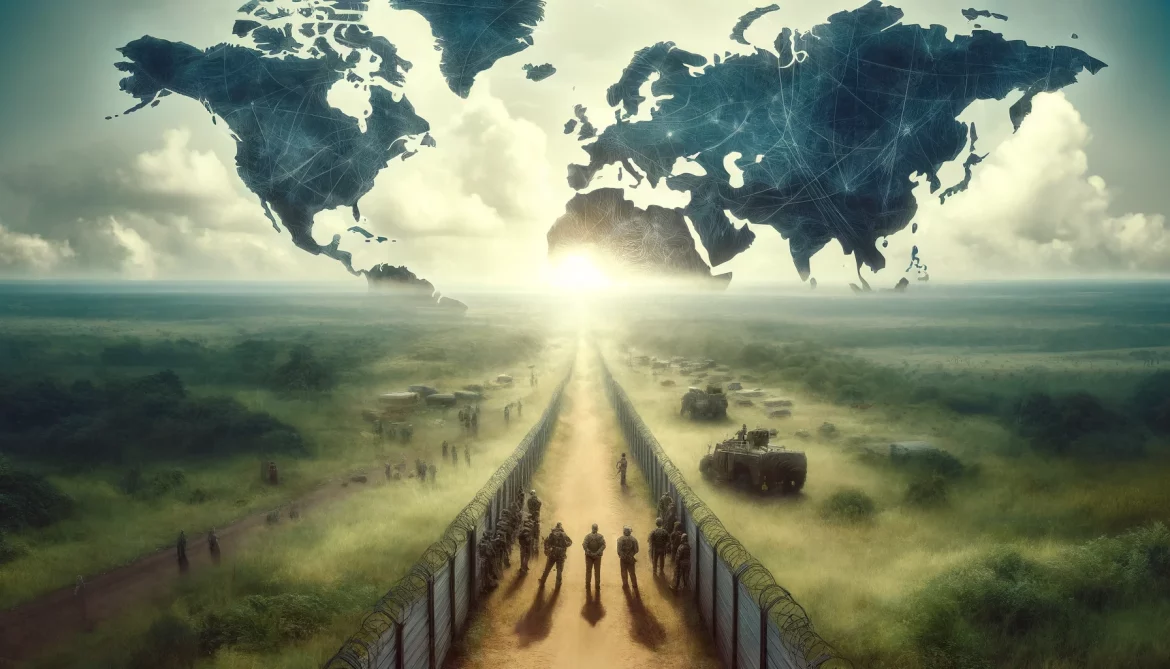 La frontière poreuse et mal délimitée entre deux pays d'Afrique de l'Ouest, en se concentrant sur le thème de la sécurité et de la diplomatie. Il symbolise le concept abstrait de frontières nationales floues, avec des militaires des deux pays engagés dans le dialogue et la coopération, dans un contexte serein et naturel qui met l'accent sur une résolution pacifique.