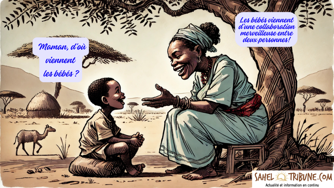 Une mère et son enfant en tain d'échanger sur la sexualité sous un arbre avec des sourires aux lèvres