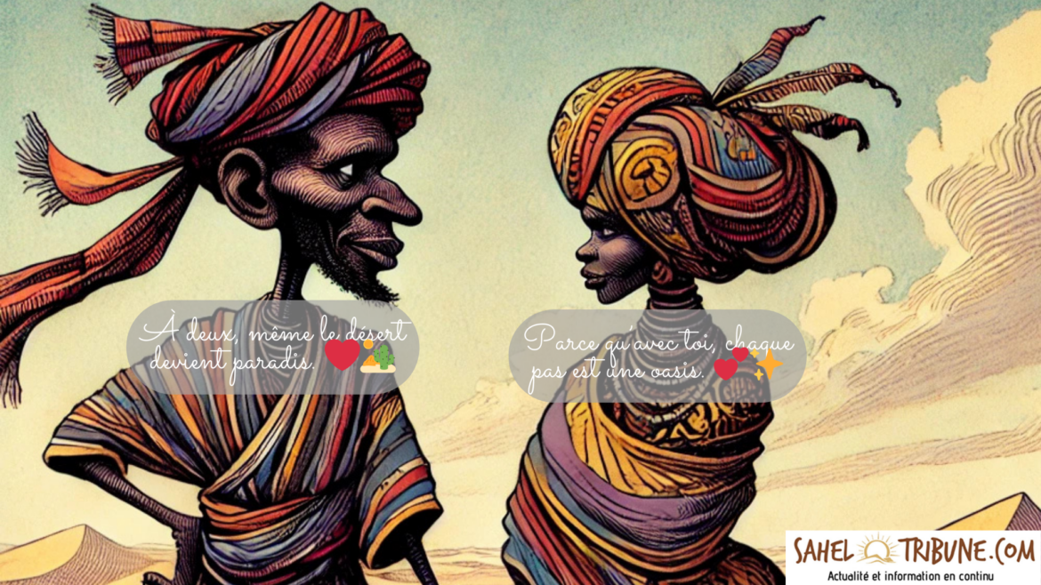 Amour dans le sahel Une caricature représentant un homme et une femme en habits traditionnels du Sahel dans un paysage désertique.