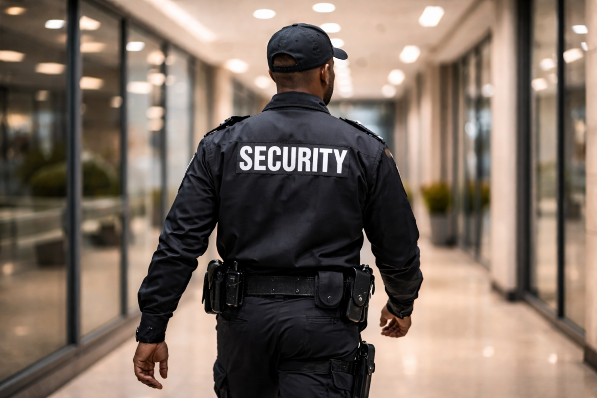 Vue arrière d’un agent de sécurité en uniforme patrouillant dans un immeuble commercial