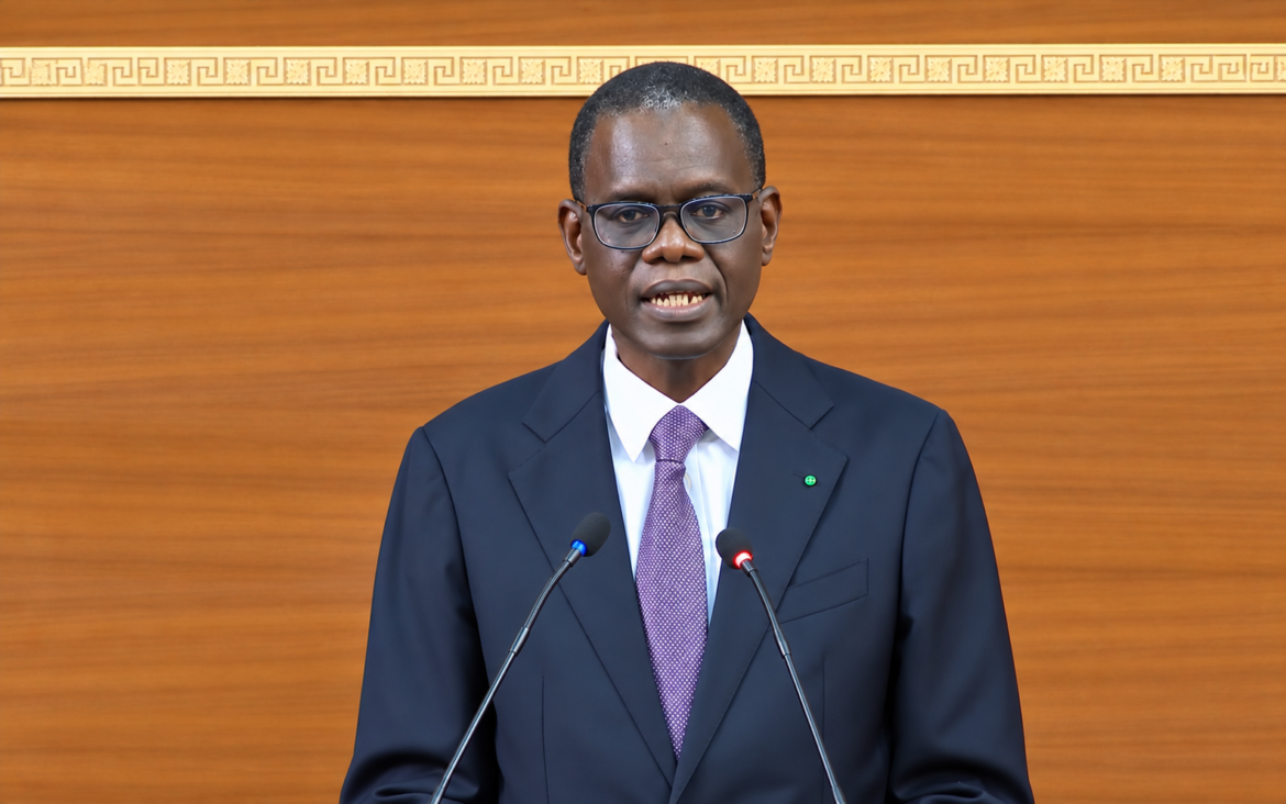 Al Aminou Lô présentant sa déclaration de politique générale devant Ousmane Sonko à l’Assemblée nationale du Sénégal