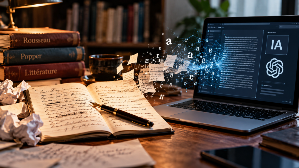Manuscrit d’écrivain et intelligence artificielle, symbolisant le débat sur la création humaine à l’ère numérique